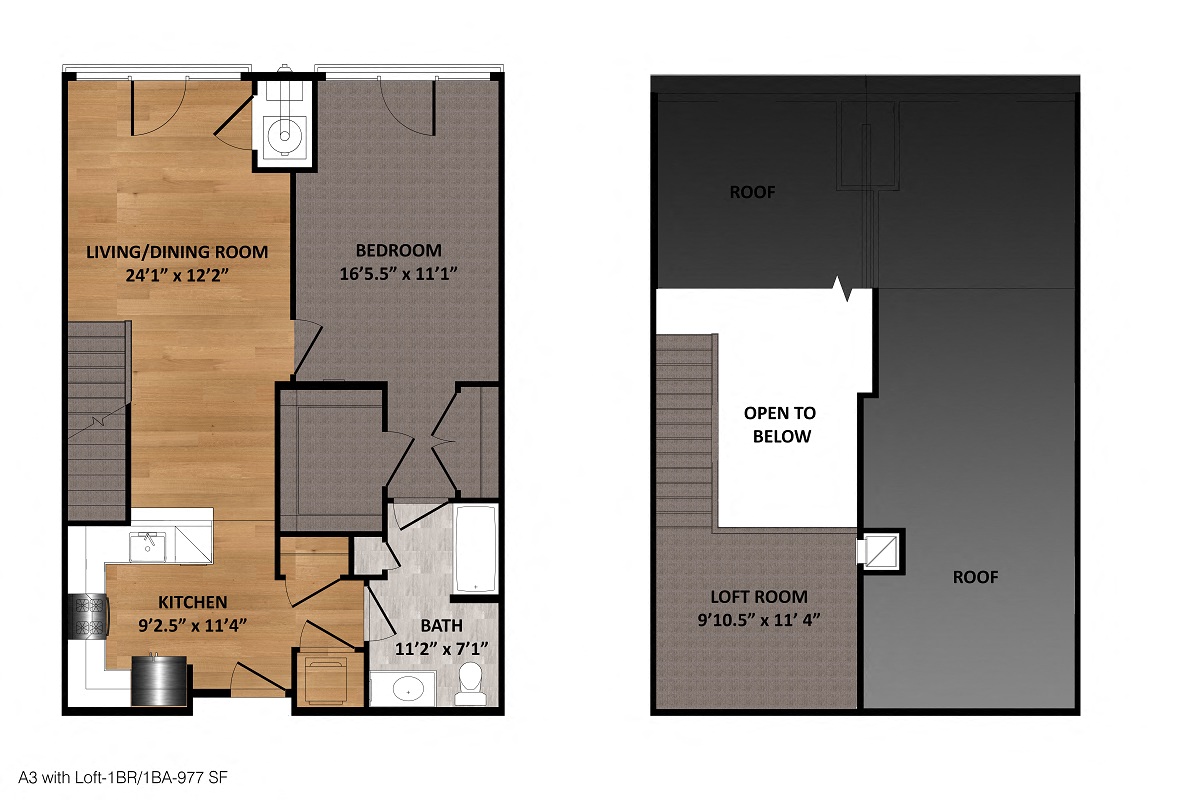 Floor plan for 1 bed, 1 bath, 977 sqft